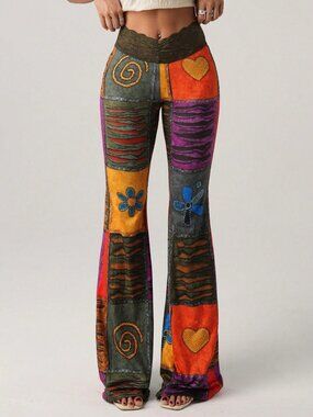 Multicolor Boho Women's Contrast Lace Flare Leg Pants